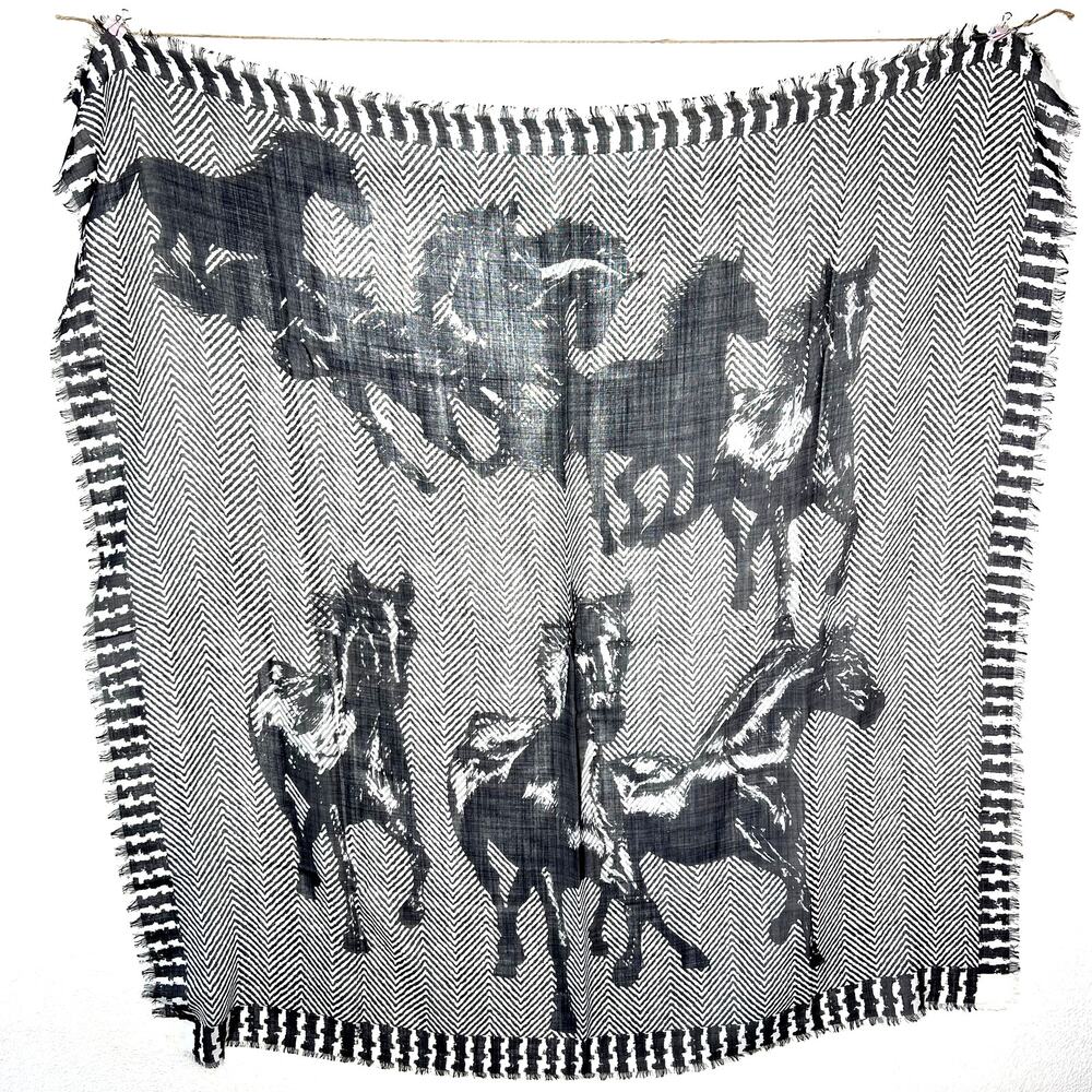 Vintage Equestrian Horse Print Square Scarf Black White Herringbone Stripes